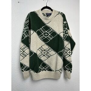 Vintage 90s Nautica Cotton Diamond‎ Argyle Preppy Sweater Beige Green XL Grandpa